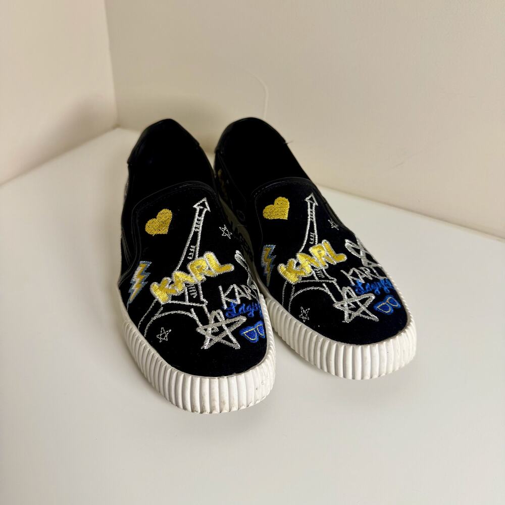 Karl Lagerfeld Paris Jazlyn Slip-On Sneakers Sz 8 Black Embroidered Graffiti - Picture 11 of 16